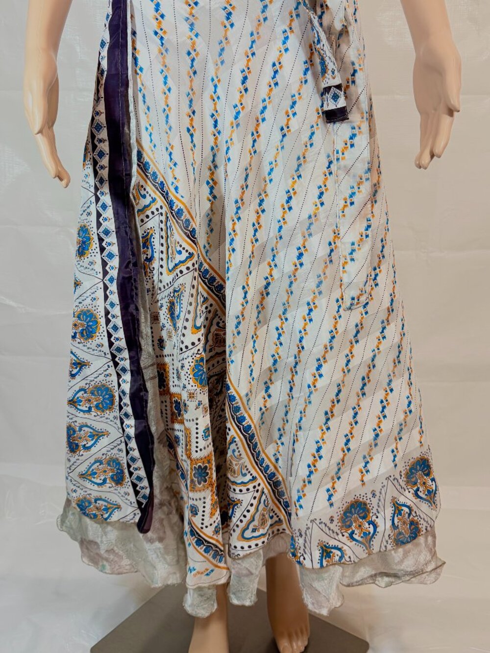 Henna 100% Silk Wrap Skirt In Royal Blue, Golden Yellow White and Gray-One Size - Picture 1 of 14